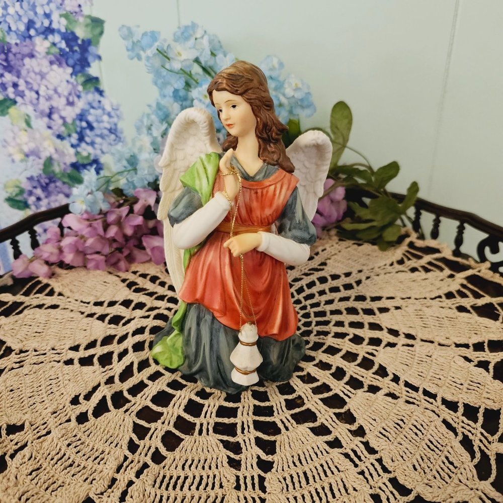 Vintage Grandeur Noel Hand-Painted Porcelain Angel with Hanging Lantern, O'well